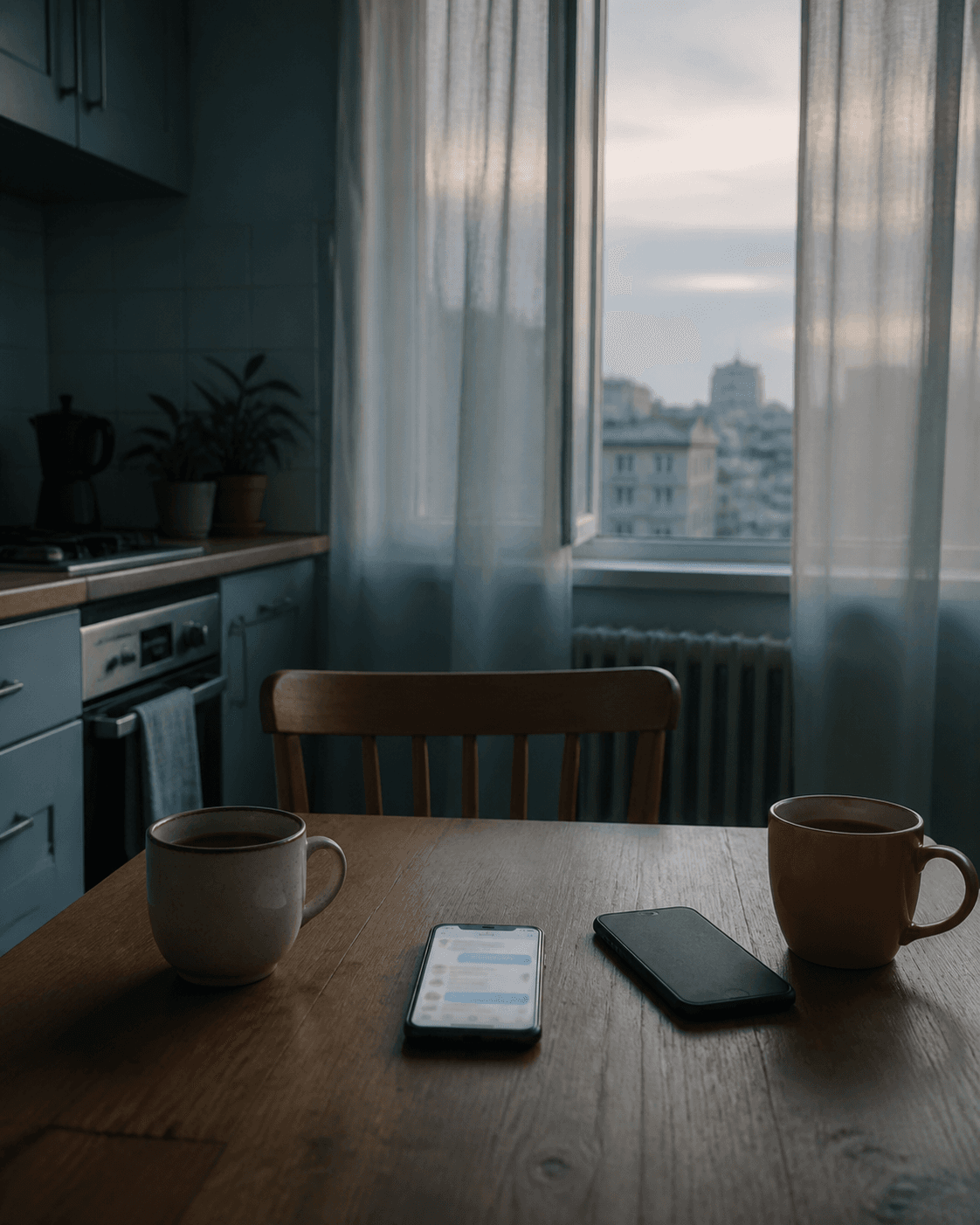 Dos teléfonos y dos tazas separados sobre una mesa de cocina al amanecer.