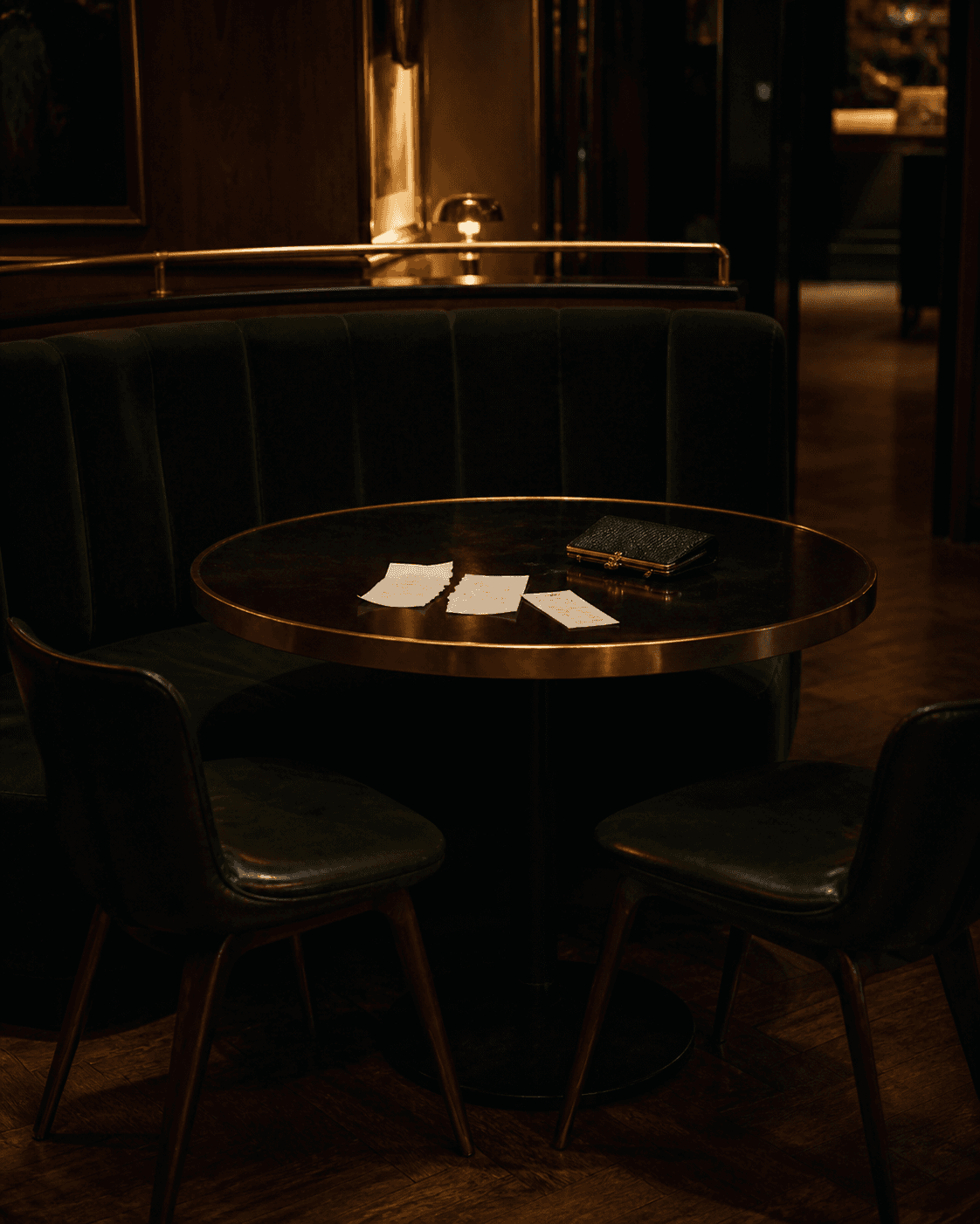 Notas rotas y un bolso olvidado sobre la mesa de un restaurante vacío.