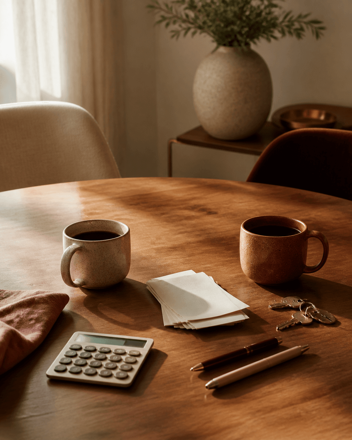 Dos tazas, papeles en blanco, calculadora y llaves sobre una mesa para hablar de dinero en pareja.