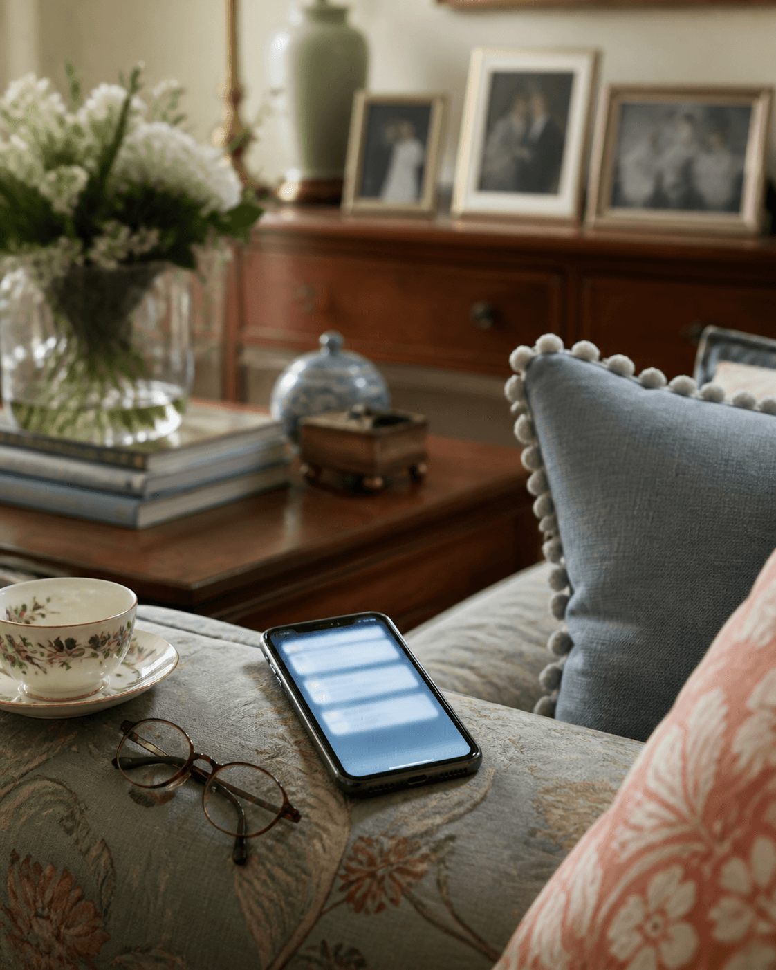Un teléfono con mensajes desenfocados junto a fotos familiares, una taza y unas gafas.