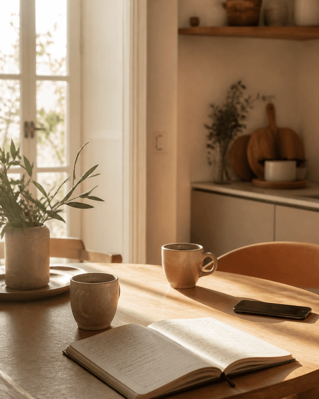 Mesa de cocina con dos tazas, un cuaderno abierto y un teléfono boca abajo bajo luz de mañana.
